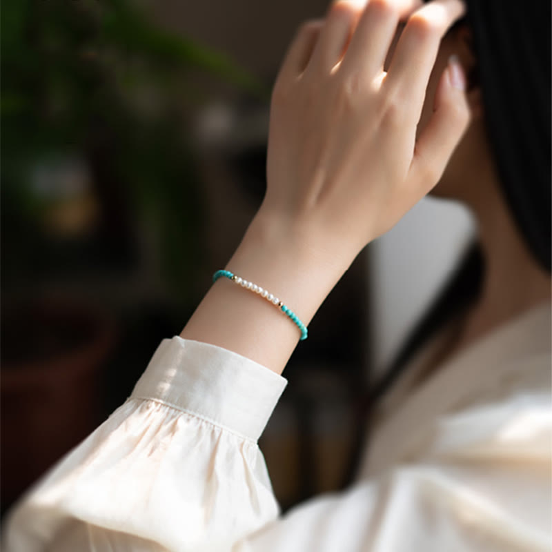 Karma Stone 925 Sterling Silver Natural Turquoise Pearl Beaded Bracelet