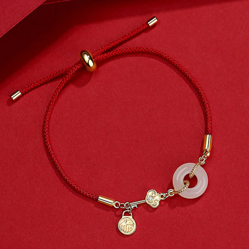 Karma Stone 18K Gold Plated Hetian Jade Peace Buckle Fu Character Luck Red Rope Bracelet