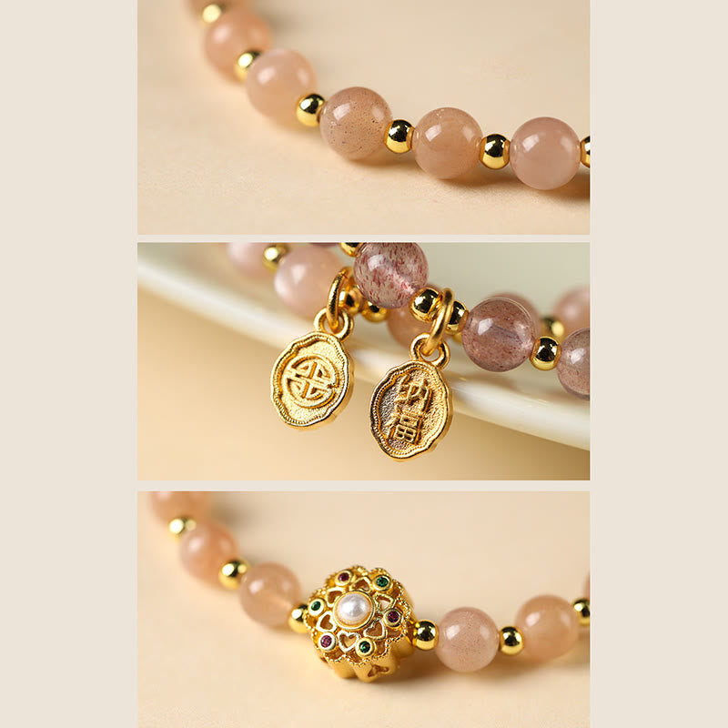 Karma Stone 14K Gold Plated Natural Strawberry Quartz Labradorite Sun Stone Fu Character Positive Charm Bracelet
