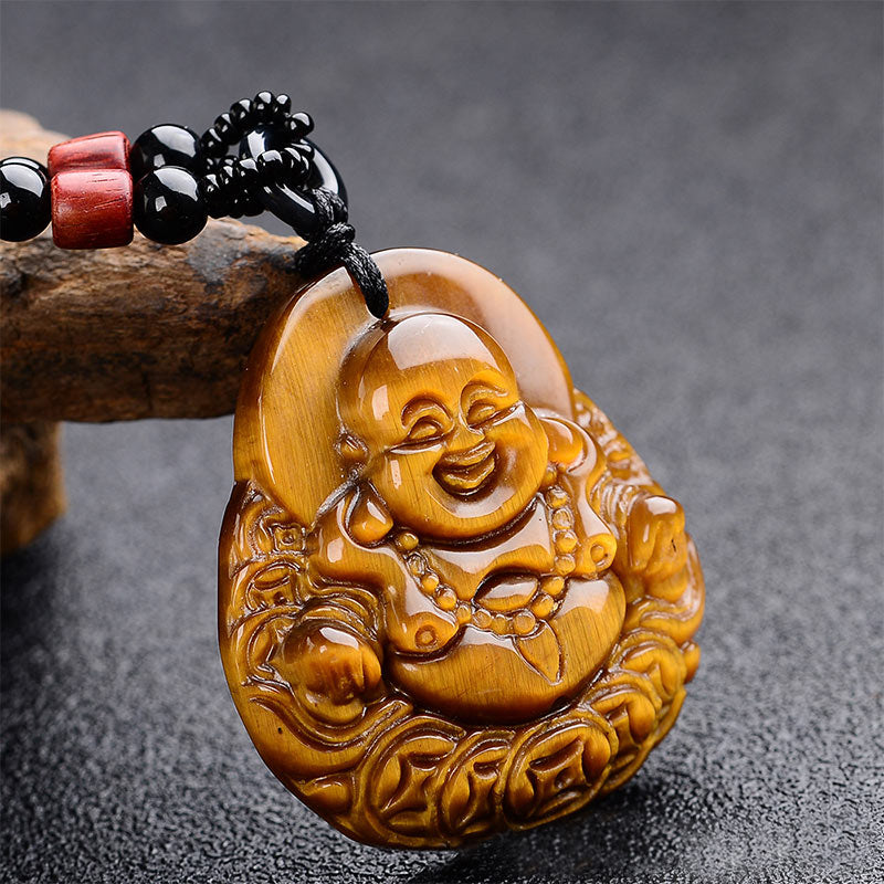 Karma Stone Tiger's Eye Laughing Buddha Blessing Necklace