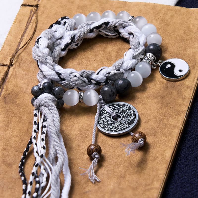 Karma Stone Black Glitter Stone Cat's Eye Yin Yang Mountain Ghosts Spend Money Power Double Layer Rope Bracelet
