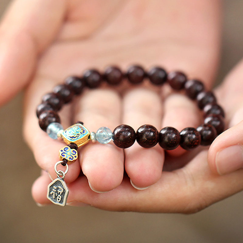 Karma Stone 925 Sterling Silver Indian Small Leaf Red Sandalwood Aquamarine Full of Gold Star Chinese Knotting Blessing Bracelet