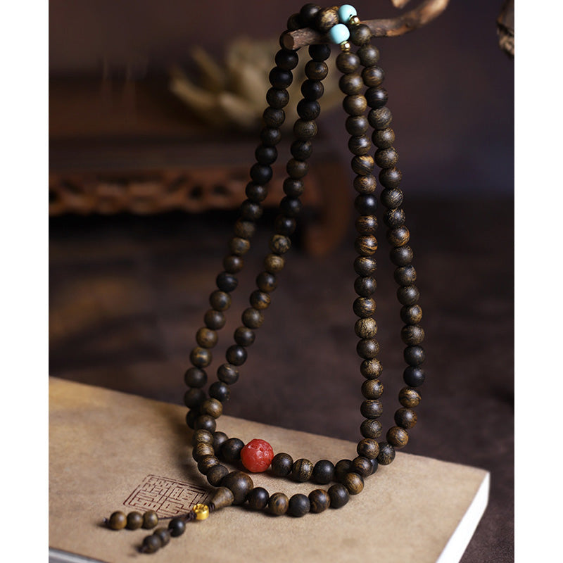 Karma Stone 108 Mala Beads Agarwood Red Agate Turquoise Peace Meditation Bracelet
