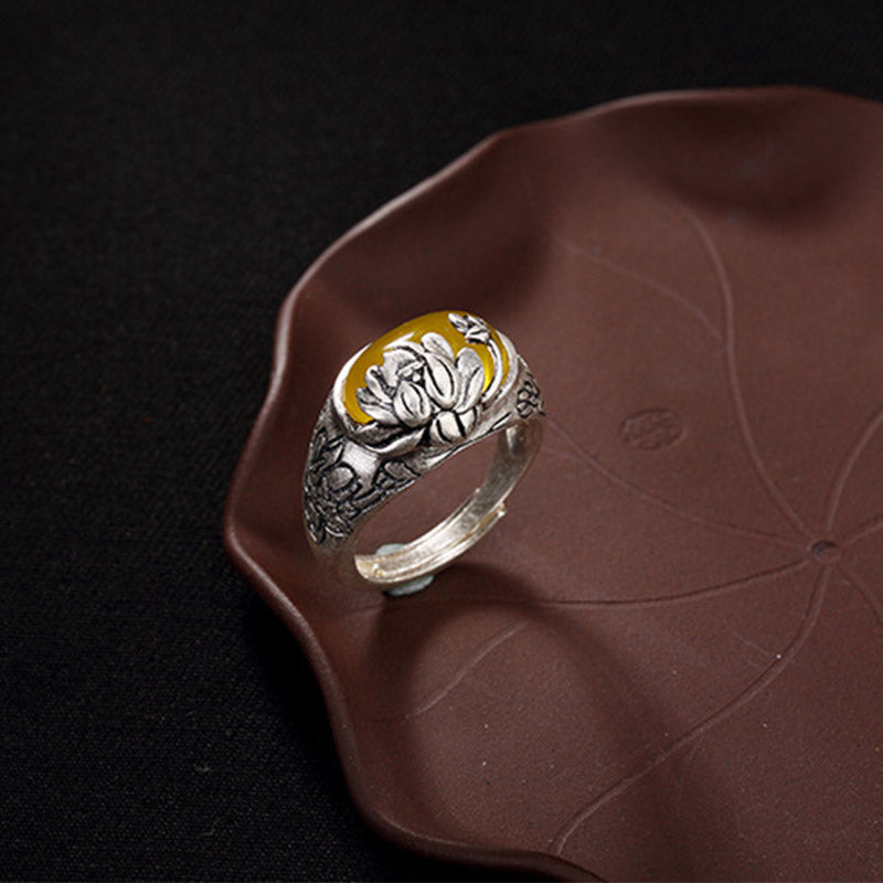 Karma Stone Citrine Lotus Blessing Protection Adjustable Ring