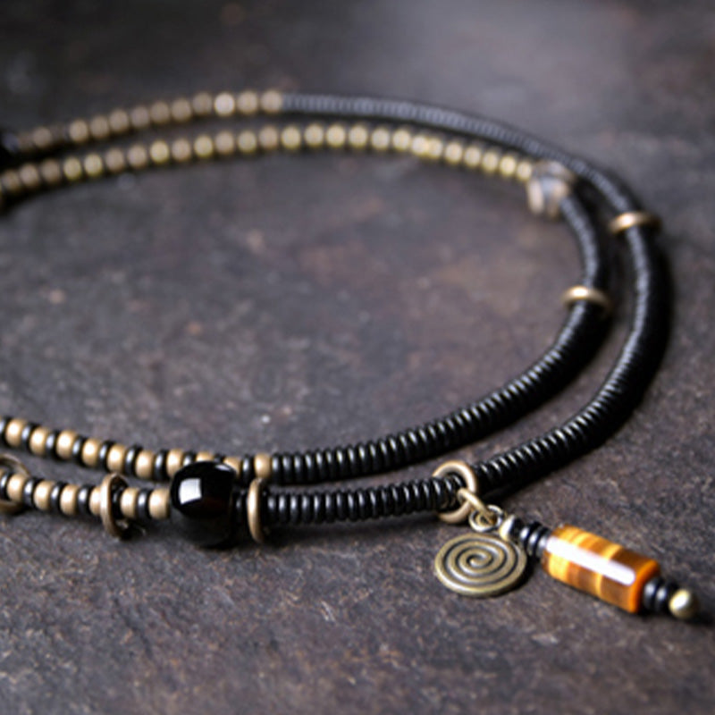 Karma Stone Ebony Wood Dzi Bead Copper Peace Couple Bracelet Necklace Pendant