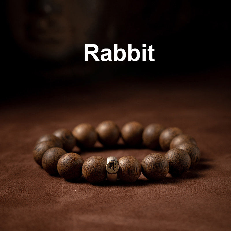 Karma Stone Chinese Zodiac Natal Buddha Natural Agarwood Silver Peace Calm Bracelet