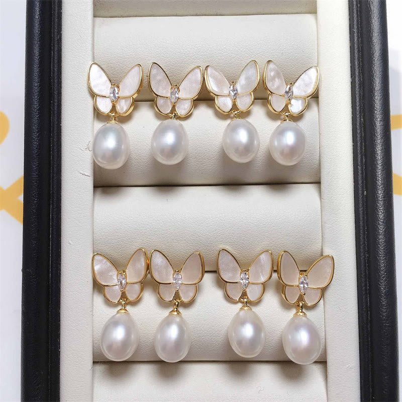 Karma Stone 925 Sterling Silver Posts 18K Gold Plated Copper Pearl Butterfly Optimism Stud Earrings
