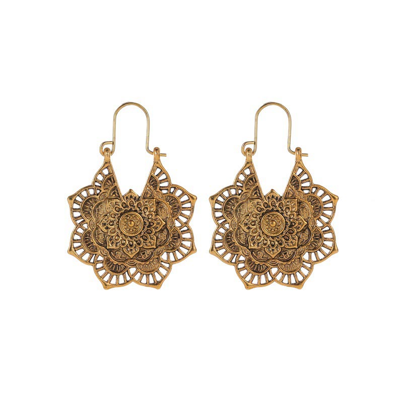Karma Stone Tibetan Lotus Engraving Copper Blessing Drop Earrings