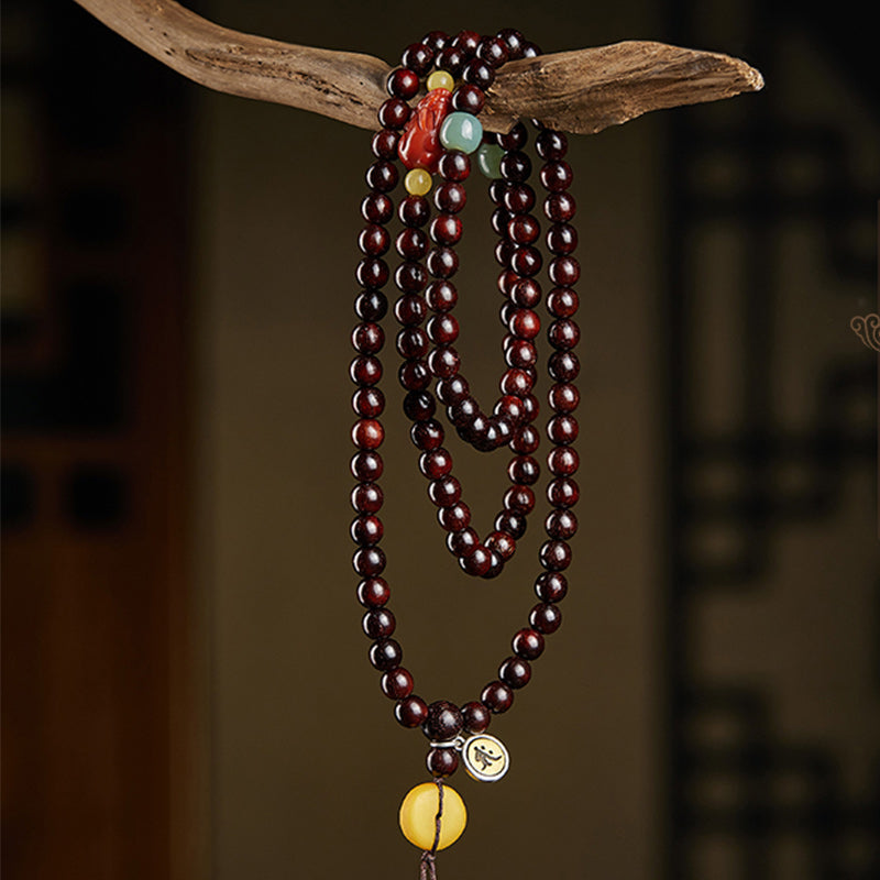 Karma Stone Chinese Zodiac Natal Buddha 108 Mala Beads Small Leaf Red Sandalwood Red Agate PiXiu Protection Bracelet