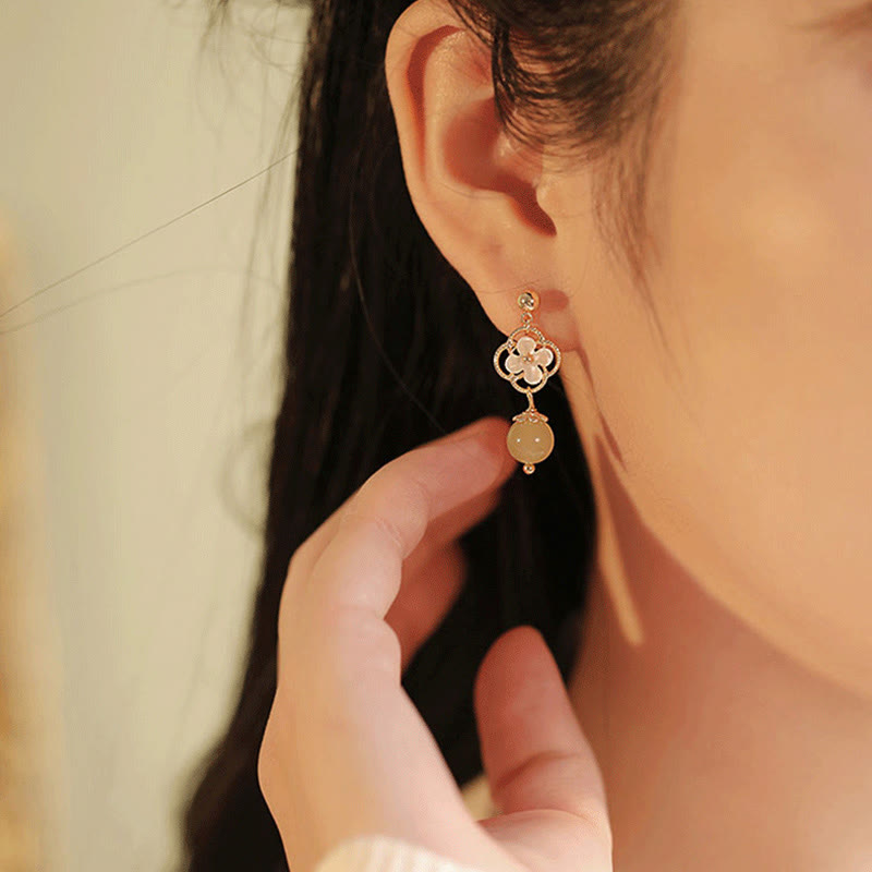 Karma Stone Tridacna Stone Flower Jade Bead Blessing Drop Earrings