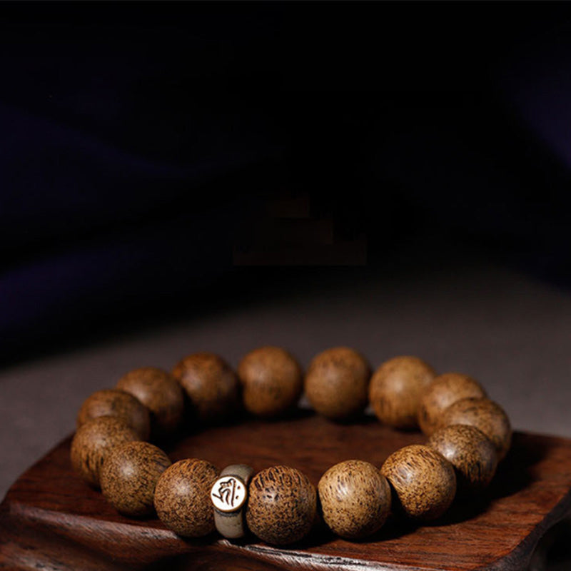Karma Stone Chinese Zodiac Natal Buddha Natural Agarwood Silver Peace Calm Bracelet