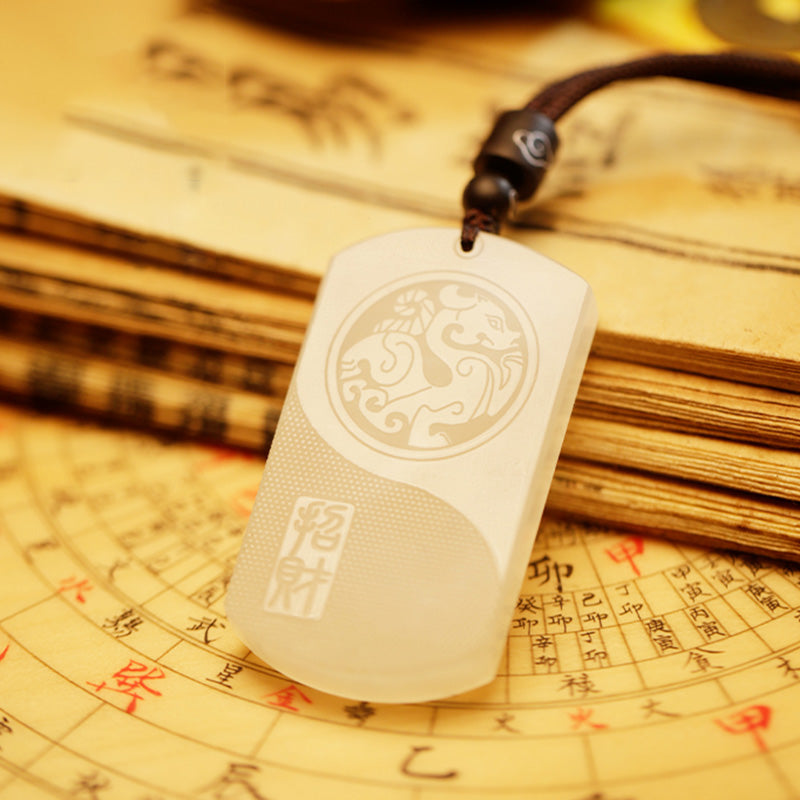 Karma Stone White Jade PiXiu Yin Yang Luck Protection Necklace Pendant