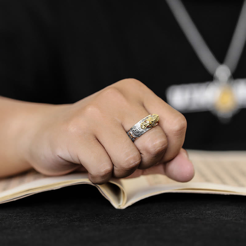 Karma Stone Tibetan 990 Sterling Silver Om Mani Padme Hum PiXiu Dorje Vajra Heart Sutra Engraved Wealth Ring