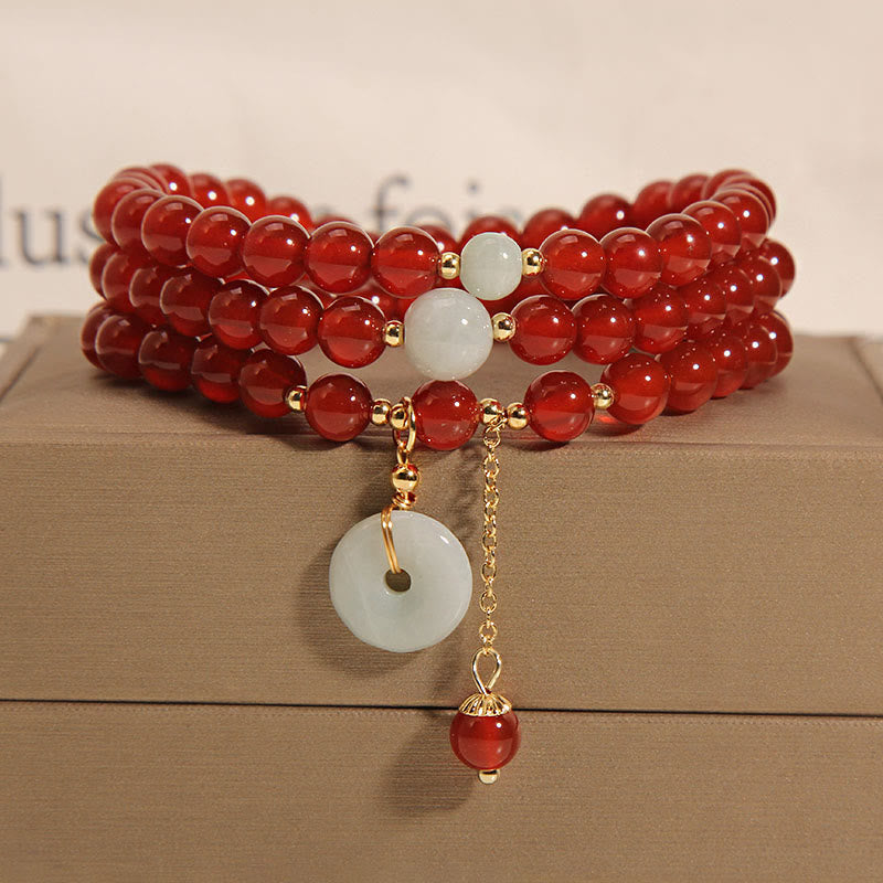 Karma Stone Natural Red Agate Jade Peace Buckle Calm Triple Wrap Bracelet