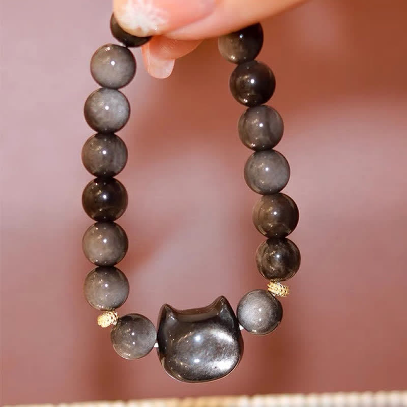 Karma Stone Gold Sheen Obsidian Silver Sheen Obsidian Lovely Paw Lucky Cat Protection Bracelet