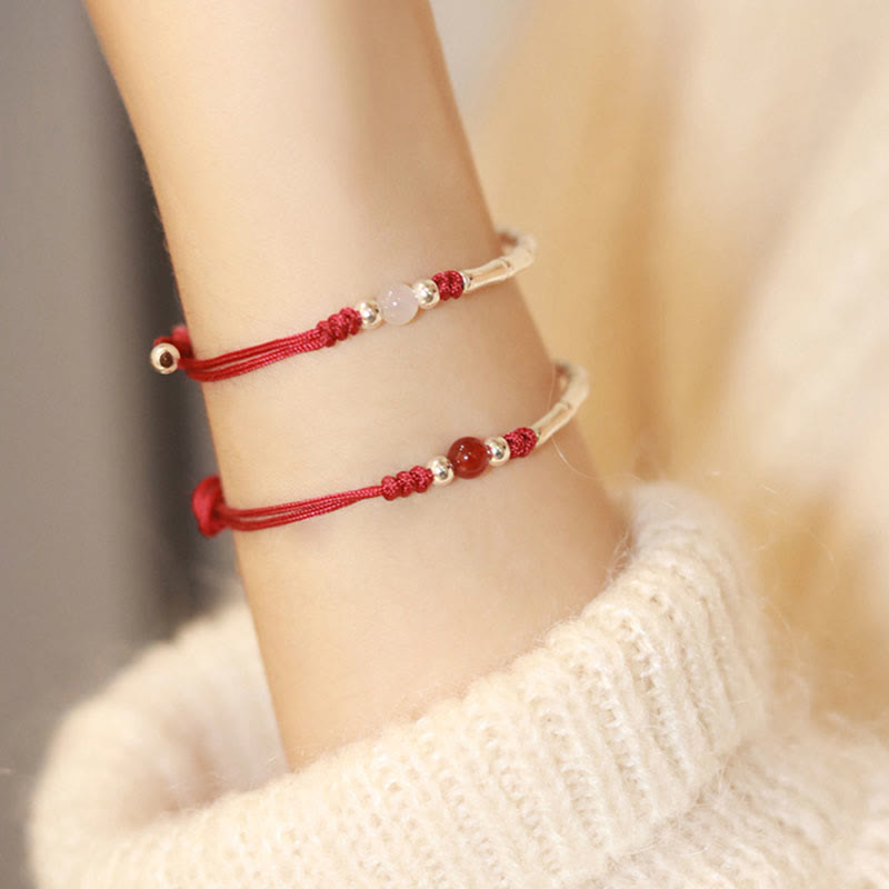 Karma Stone 925 Sterling Silver Bamboo White Agate Red Agate Bead Protection String Braided Bracelet