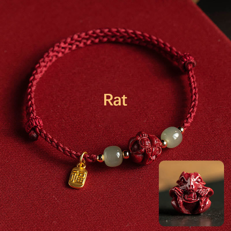 Karma Stone Natural Cinnabar Chinese Zodiac Hetian Jade Fu Character Luck Rope Bracelet