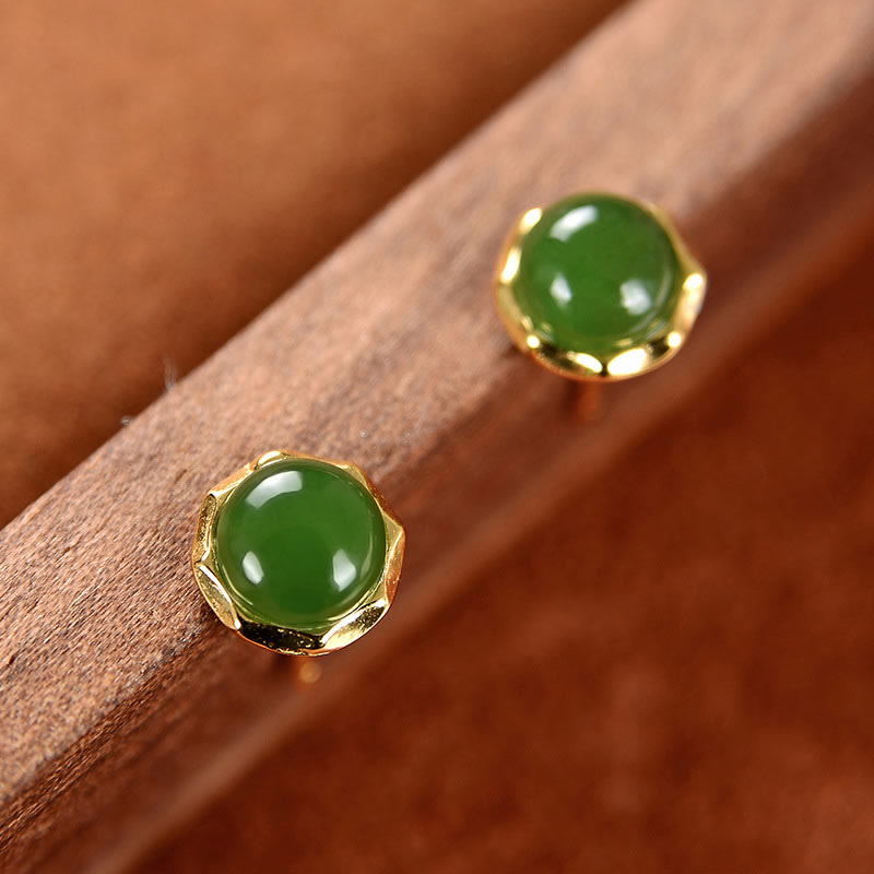 Karma Stone 925 Sterling Silver Plated Gold Natural Hetian Cyan Jade Bead Luck Stud Earrings
