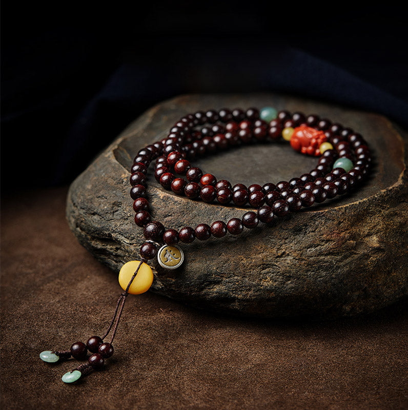 Karma Stone Chinese Zodiac Natal Buddha 108 Mala Beads Small Leaf Red Sandalwood Red Agate PiXiu Protection Bracelet