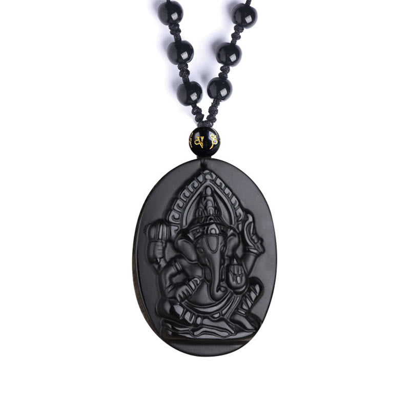 Karma Stone Tibetan Obsidian Ganesh Ganpati Elephant Wealth Amulet Necklace