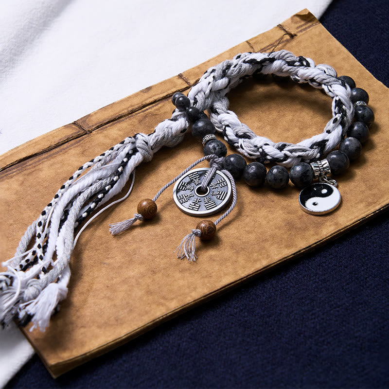 Karma Stone Black Glitter Stone Cat's Eye Yin Yang Mountain Ghost God of Wealth Energy Double Rope Protection Bracelets