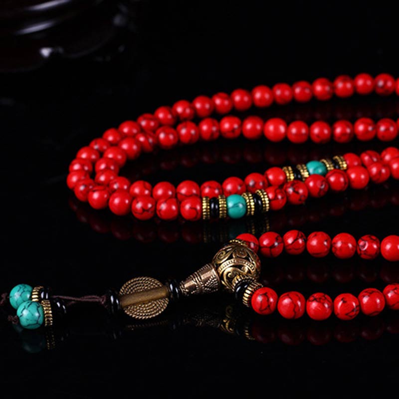Karma Stone Tibetan Mara Red and Green Turquoise Lucky Beaded Prayer Bracelet Necklace