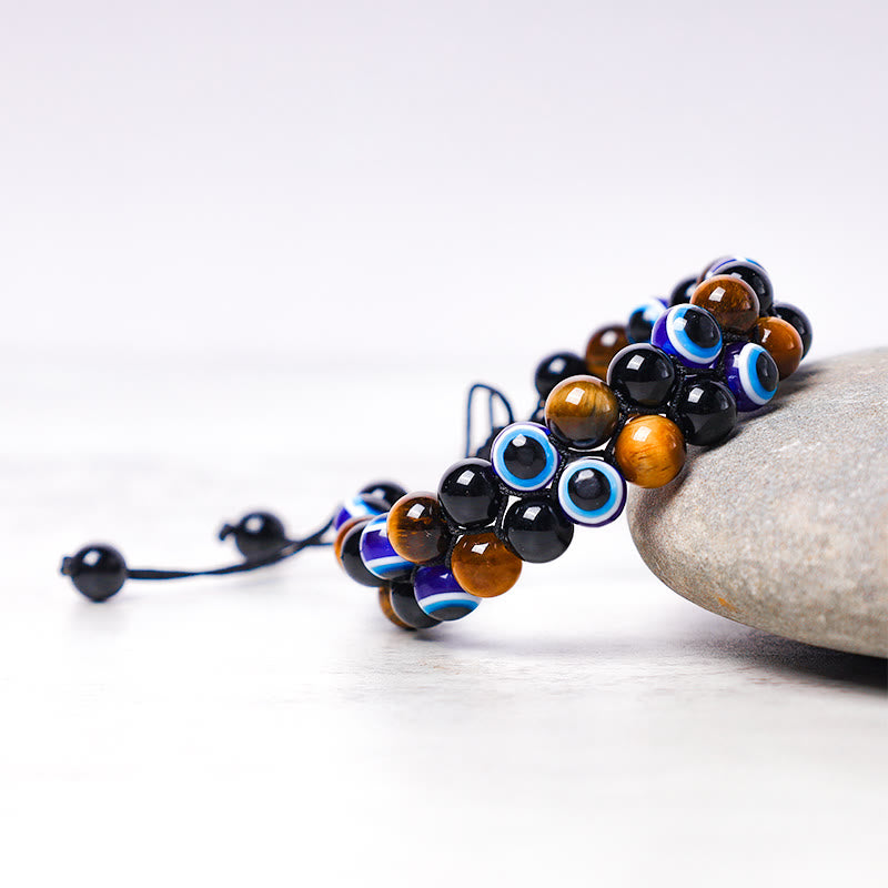 Karma Stone Evil Eye Hematite Tiger Eye Protection Beaded Bracelet