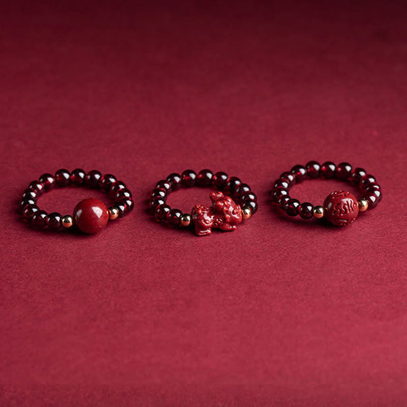 Karma Stone Garnet Cinnabar Lucky Bead PiXiu Om Mani Padme Hum Rose Protection Ring