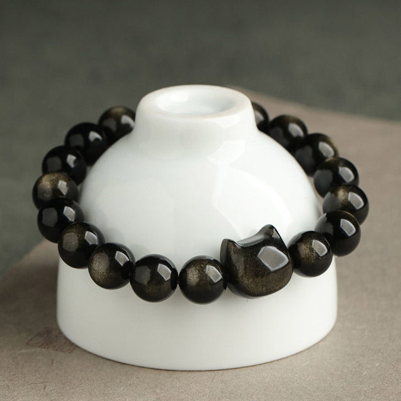 Karma Stone Gold Sheen Obsidian Silver Sheen Obsidian Lovely Paw Lucky Cat Protection Bracelet