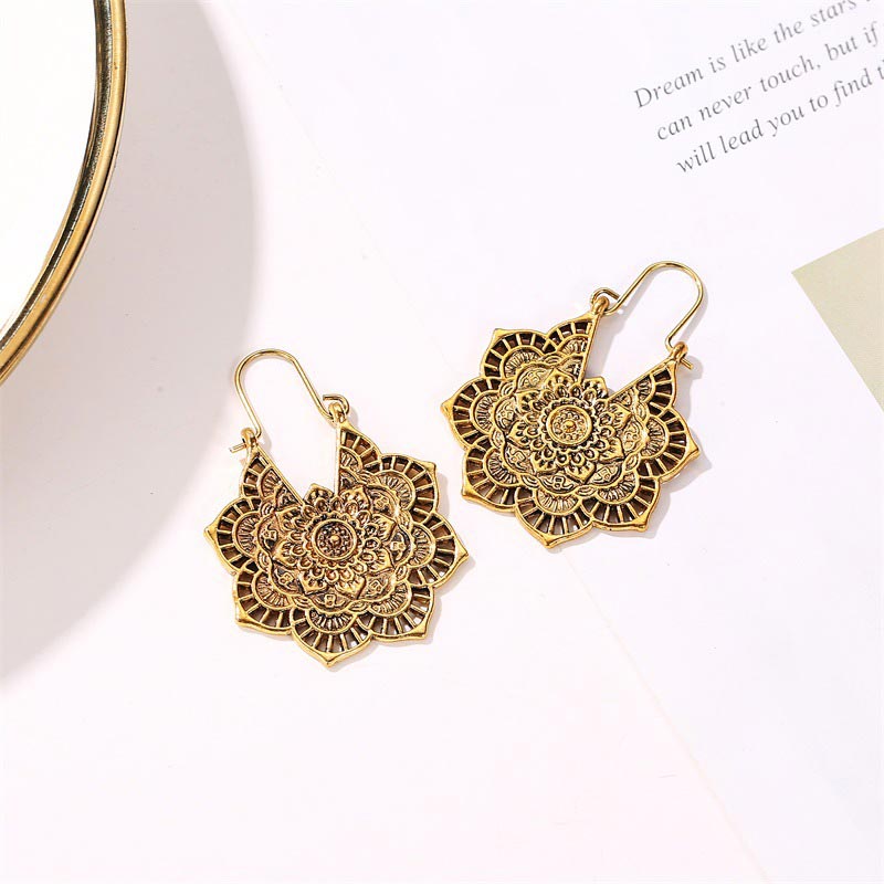 Karma Stone Tibetan Lotus Engraving Copper Blessing Drop Earrings