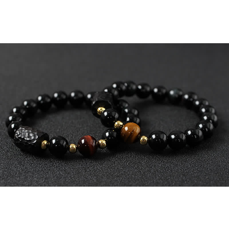 Karma Stone Black Obsidian Ebony Wood Red Tiger Eye Strength Couple Bracelet