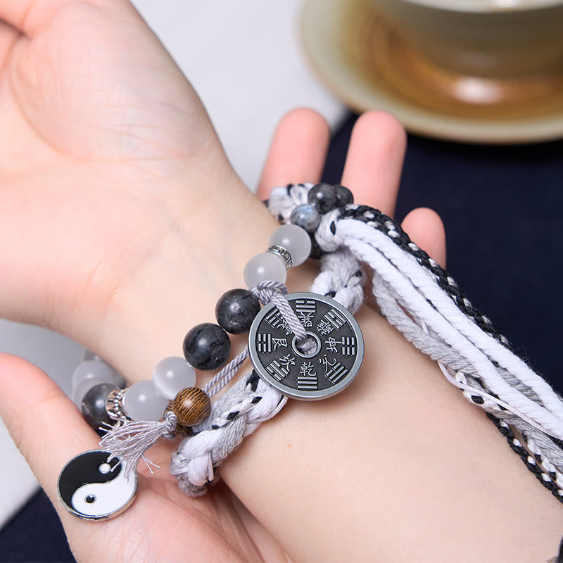 Karma Stone Black Glitter Stone Cat's Eye Yin Yang Mountain Ghost God of Wealth Energy Double Rope Protection Bracelets