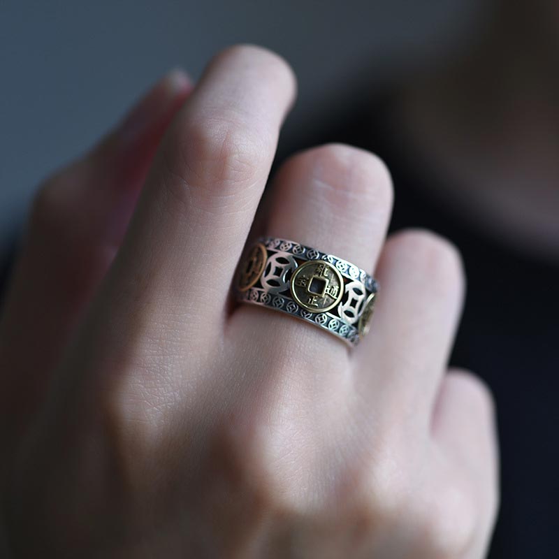 Karma Stone Five-Emperor Coins Balance Adjustable Ring