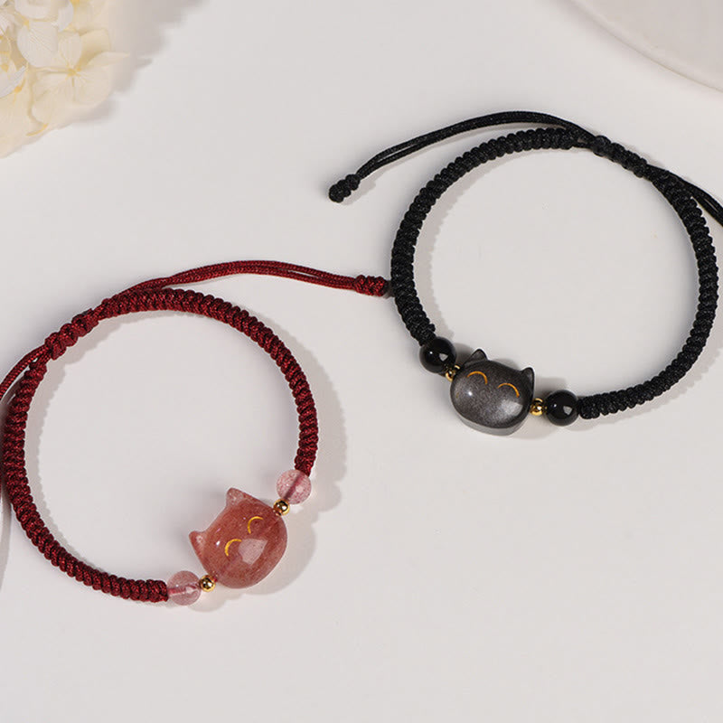 Karma Stone Handmade Natural Silver Sheen Obsidian Strawberry Quartz Cute Cat Protection Braided Bracelet