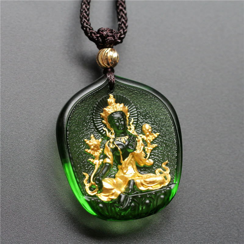 Karma Stone Tibetan Green Tara Buddha Gold Plated Liuli Crystal Protection Necklace Pendant