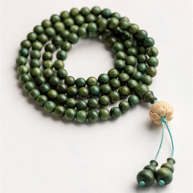 Karma Stone 108-Bead Rosary Green Sandalwood, Boxwood, Lotus, Auspicious Wooden Rosary Bracelet