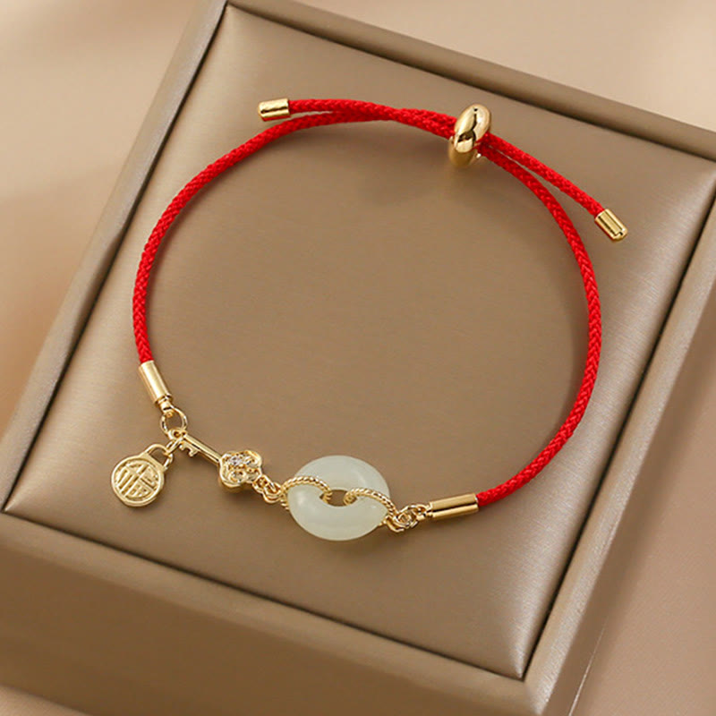 Karma Stone 18K Gold Plated Hetian Jade Peace Buckle Fu Character Luck Red Rope Bracelet