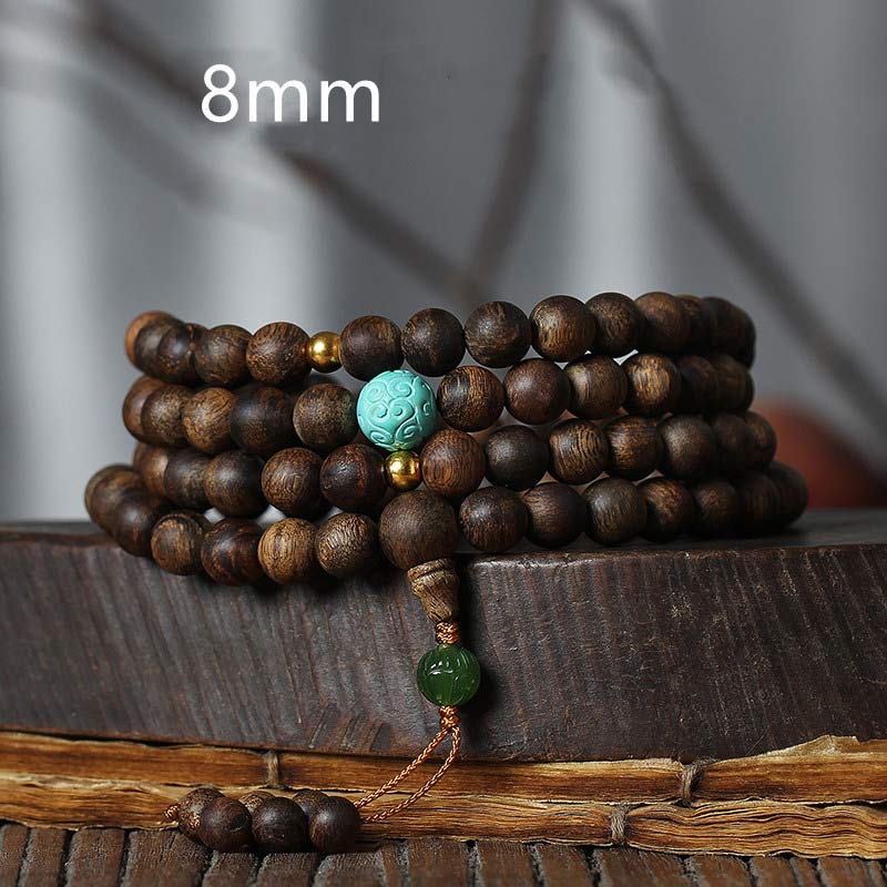 Karma Stone 108-Bead Wooden  Rosary Bracelet Nha Trang Agarwood Turquoise Prayer Bracelet