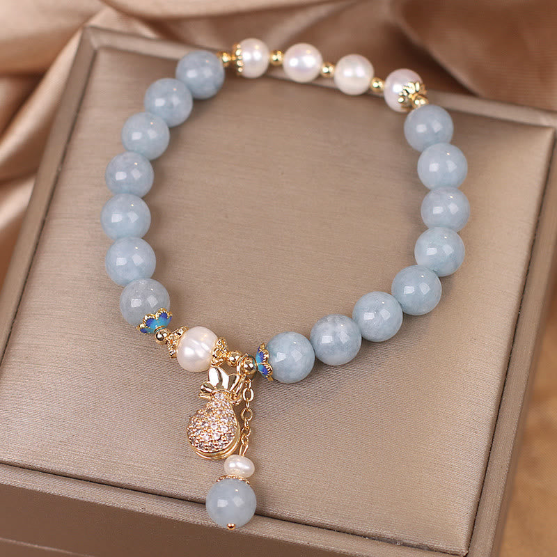 Karma Stone Aquamarine Pearl Fortune Money Bag Charm Bracelet