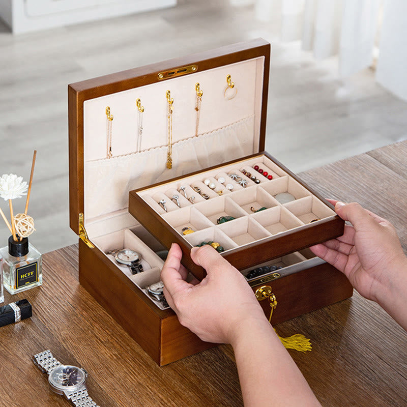 Karma Stone Vintage Wooden Jewelry Box Two-Layer Solid Wood Jewelry Storage Box