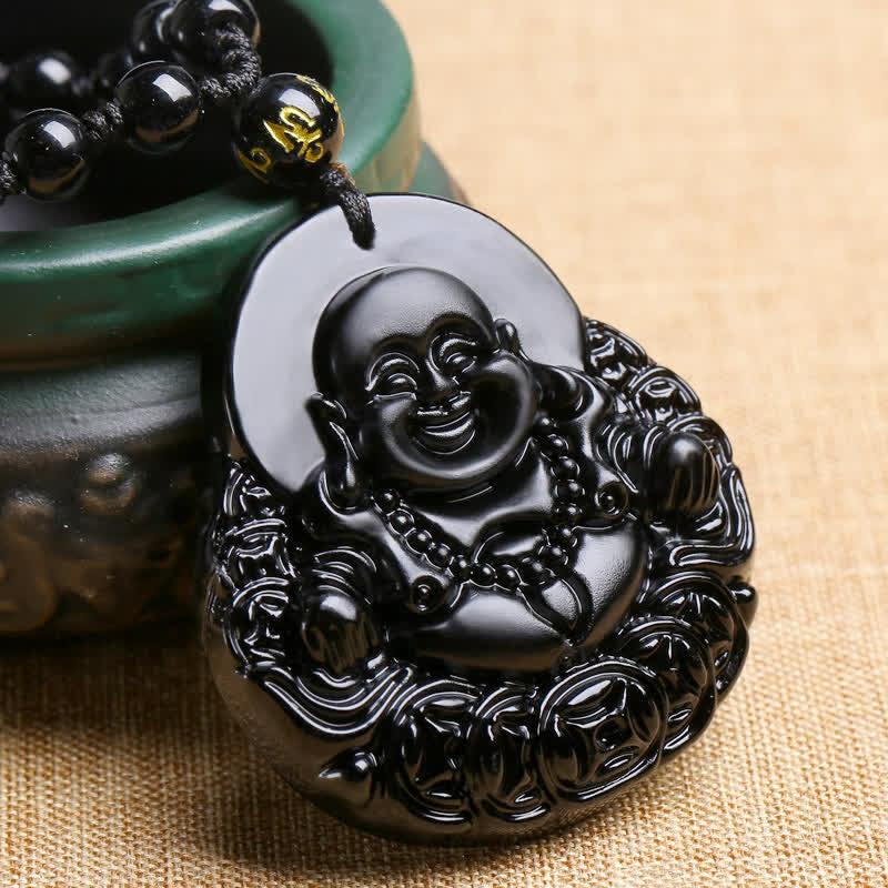 Karma Stone Laughing Buddha Black Obsidian Strength Protection Pendant Necklace