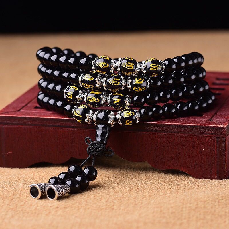 Karma Stone Black Obsidian Six True Words Protection Mala Bracelet