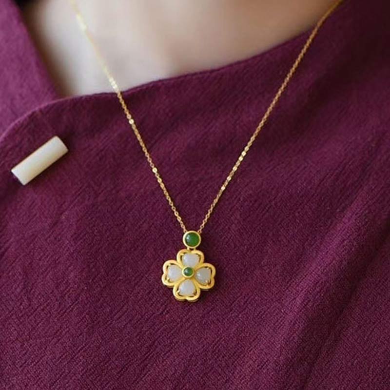 Karma Stone 925 Sterling Silver Lucky Four Leaf Clover Jade Prosperity Necklace Chain Pendant