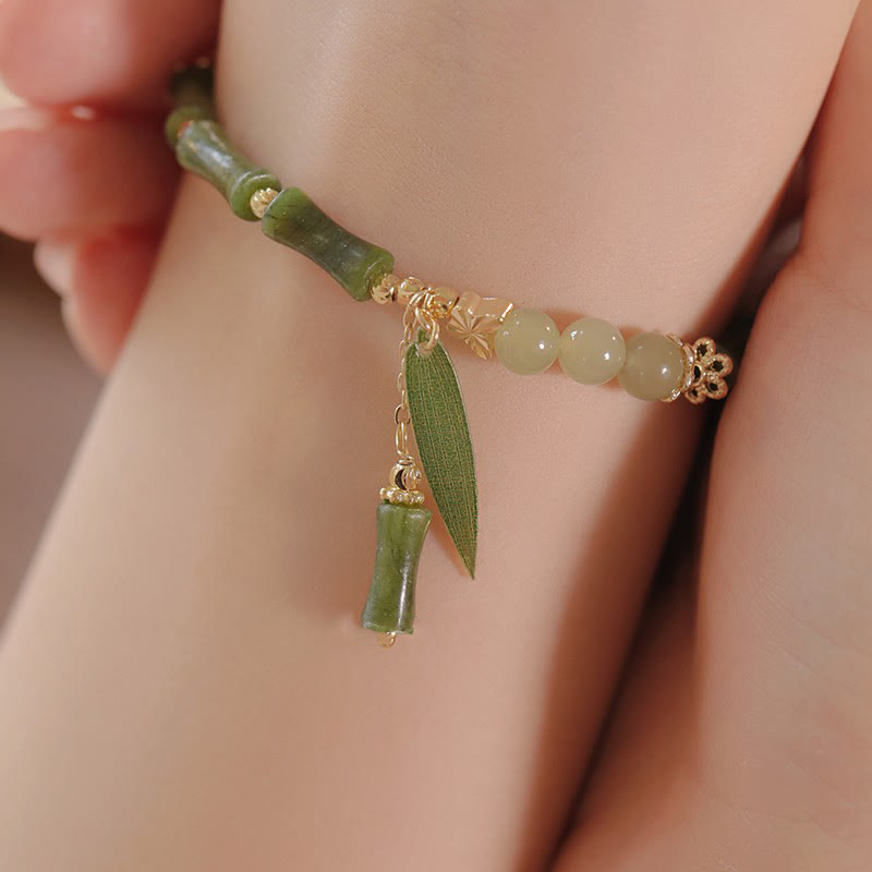 Karma Stone Jade Bamboo Leaf Lily Of The Valley Pattern Luck Abundance Bracelet