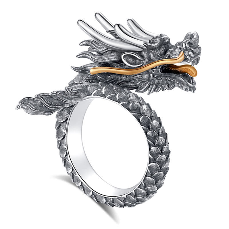 Karma Stone 925 Sterling Silver Vintage Dragon Design Protection Strength Adjustable Ring