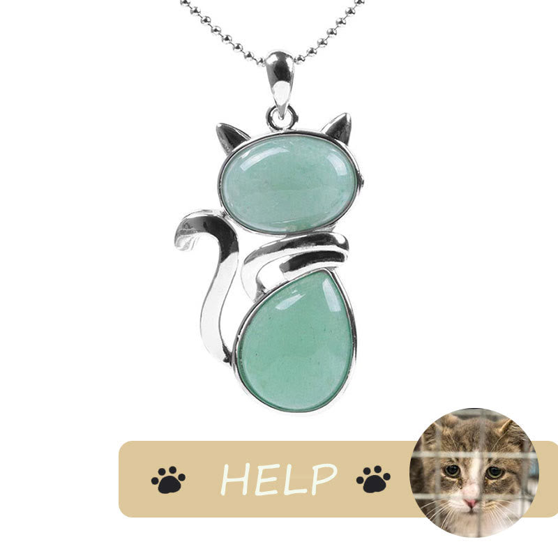 Karma Stone "Save A Cat" Cute Cat Pattern Natural Crystal Protection Cat-Loving Pendant Necklace