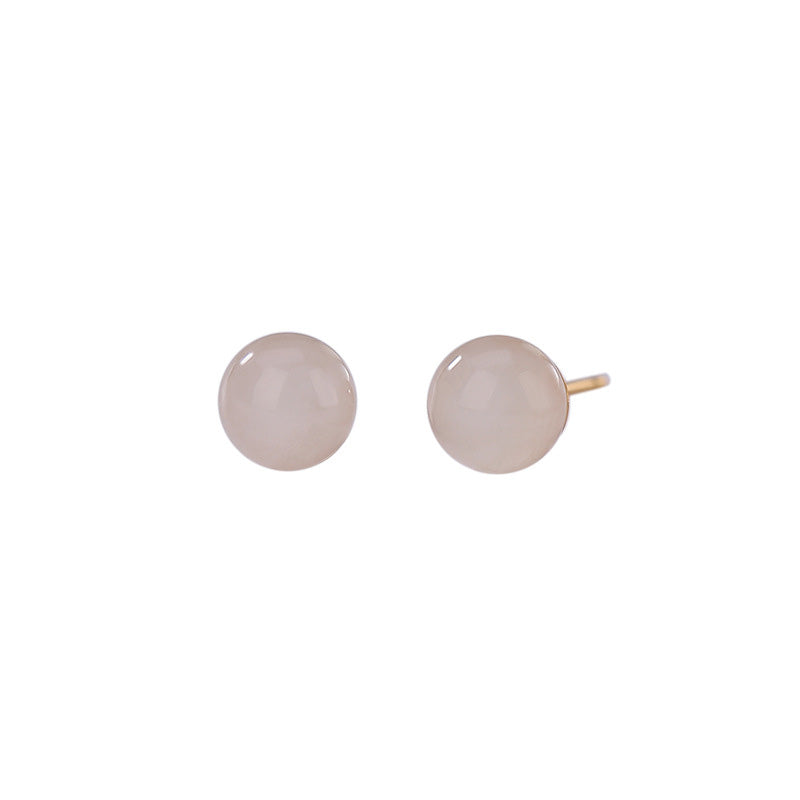Karma Stone 925 Sterling Silver Round White Jade Blessing Stud Earrings