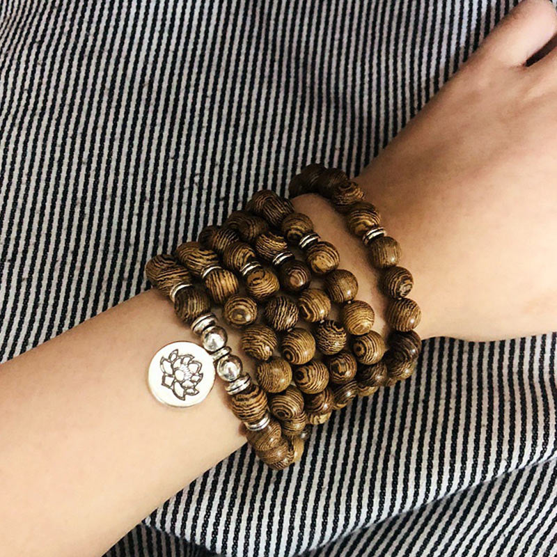 Karma Stone Tibetan Lightning Strike Wood Bracelet Lotus Buddha Mala