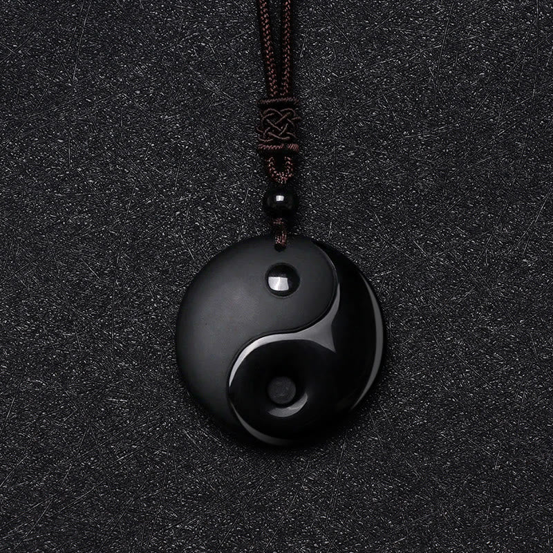 Karma Stone Black Obsidian Taoism Five Sacred Mountains Nine-Character Mantra Carved Purification Yin Yang Necklace Pendant