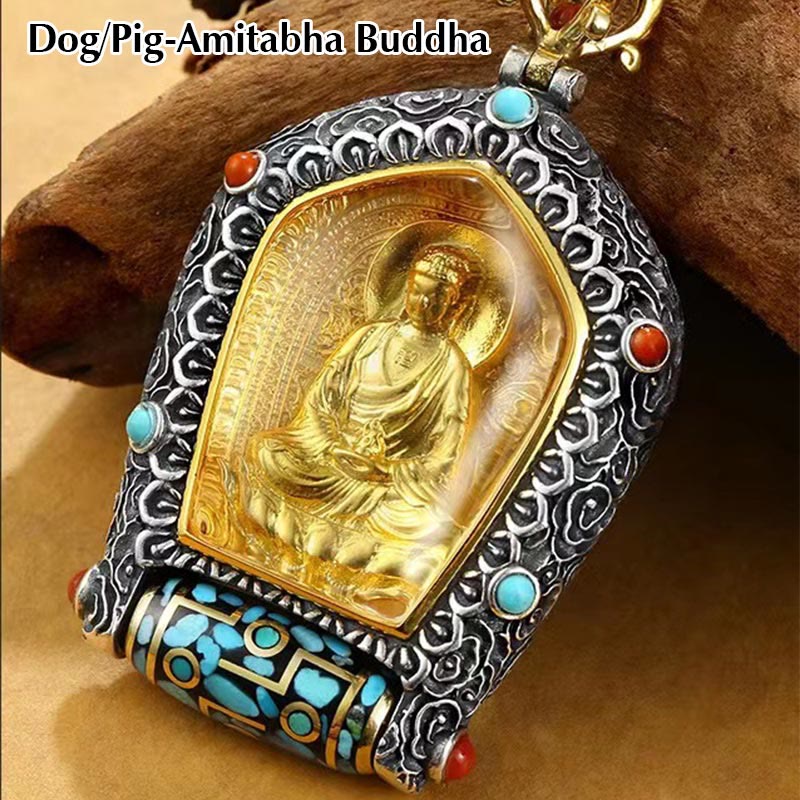 Karma Stone Tibet Chinese Zodiac Natal Buddha Thangka Prosperity Rotatable Dzi Bead Necklace Pendant
